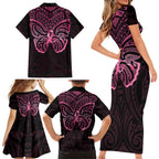 New Zealand Breast Cancer Awareness Family Matching Short Sleeve Bodycon Dress and Hawaiian Shirt Maori Butterfly Pink Ribbon Black Version - Aussie Hoodie