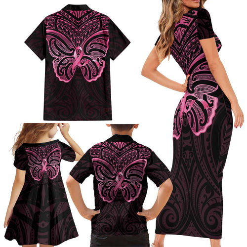 New Zealand Breast Cancer Awareness Family Matching Short Sleeve Bodycon Dress and Hawaiian Shirt Maori Butterfly Pink Ribbon Black Version - Aussie Hoodie