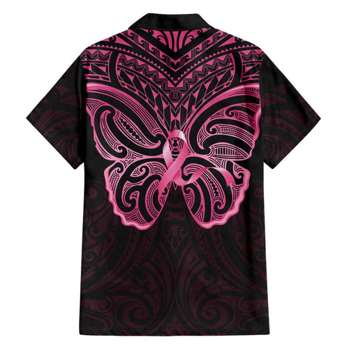 New Zealand Breast Cancer Awareness Family Matching Short Sleeve Bodycon Dress and Hawaiian Shirt Maori Butterfly Pink Ribbon Black Version - Aussie Hoodie