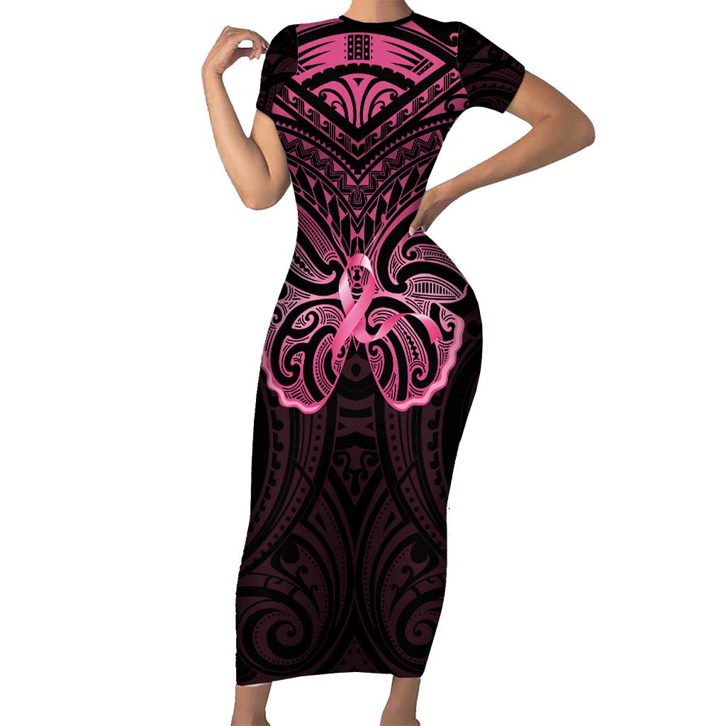 New Zealand Breast Cancer Awareness Family Matching Short Sleeve Bodycon Dress and Hawaiian Shirt Maori Butterfly Pink Ribbon Black Version - Aussie Hoodie
