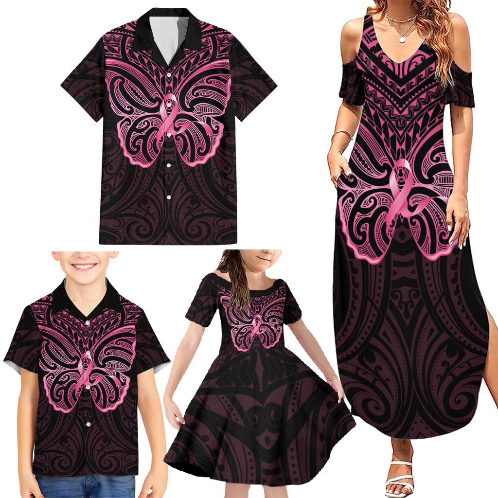 New Zealand Breast Cancer Awareness Family Matching Summer Maxi Dress and Hawaiian Shirt Maori Butterfly Pink Ribbon Black Version - Aussie Hoodie