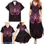New Zealand Breast Cancer Awareness Family Matching Summer Maxi Dress and Hawaiian Shirt Maori Butterfly Pink Ribbon Black Version - Aussie Hoodie