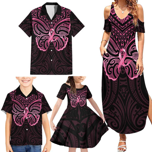 New Zealand Breast Cancer Awareness Family Matching Summer Maxi Dress and Hawaiian Shirt Maori Butterfly Pink Ribbon Black Version - Aussie Hoodie