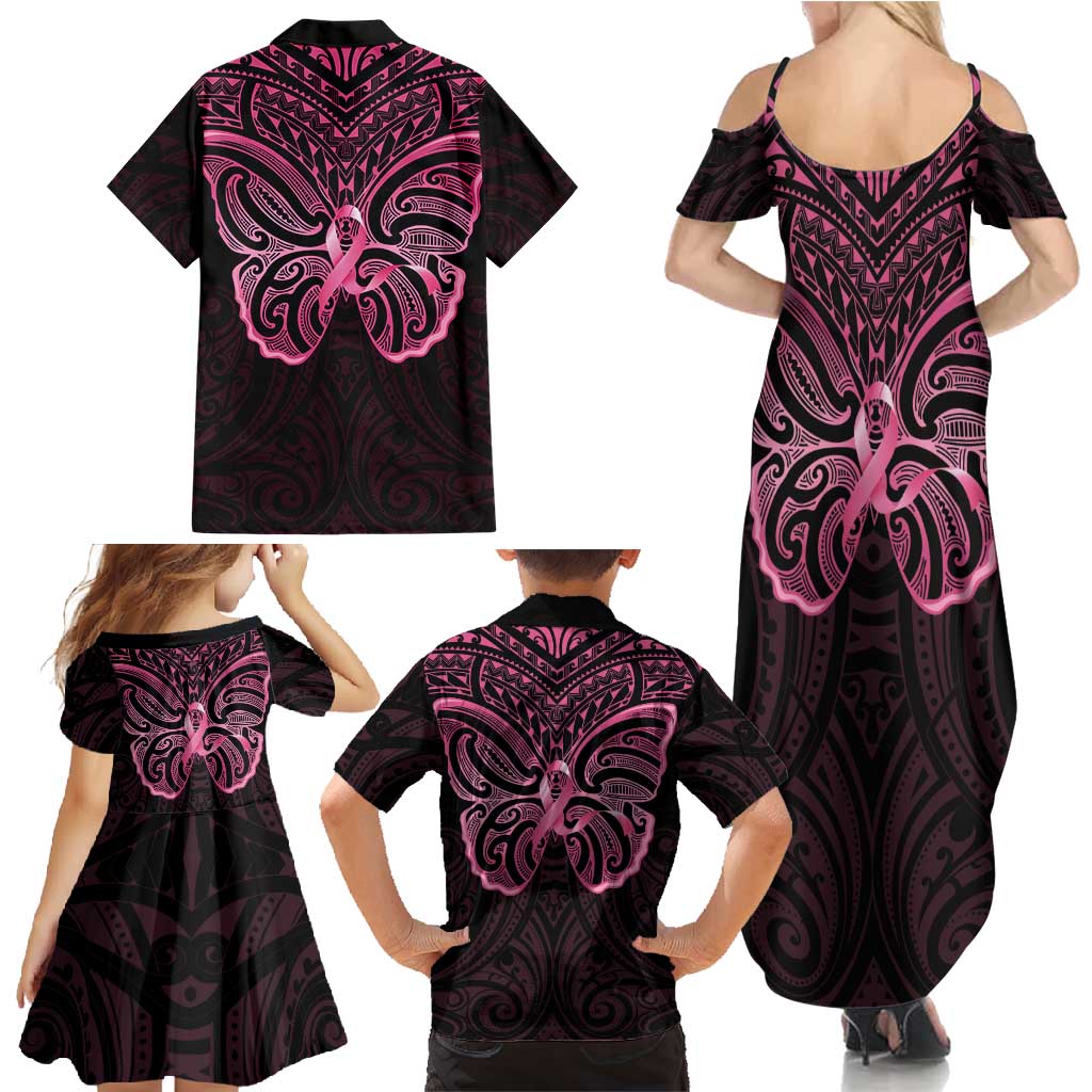 New Zealand Breast Cancer Awareness Family Matching Summer Maxi Dress and Hawaiian Shirt Maori Butterfly Pink Ribbon Black Version - Aussie Hoodie