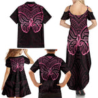 New Zealand Breast Cancer Awareness Family Matching Summer Maxi Dress and Hawaiian Shirt Maori Butterfly Pink Ribbon Black Version - Aussie Hoodie