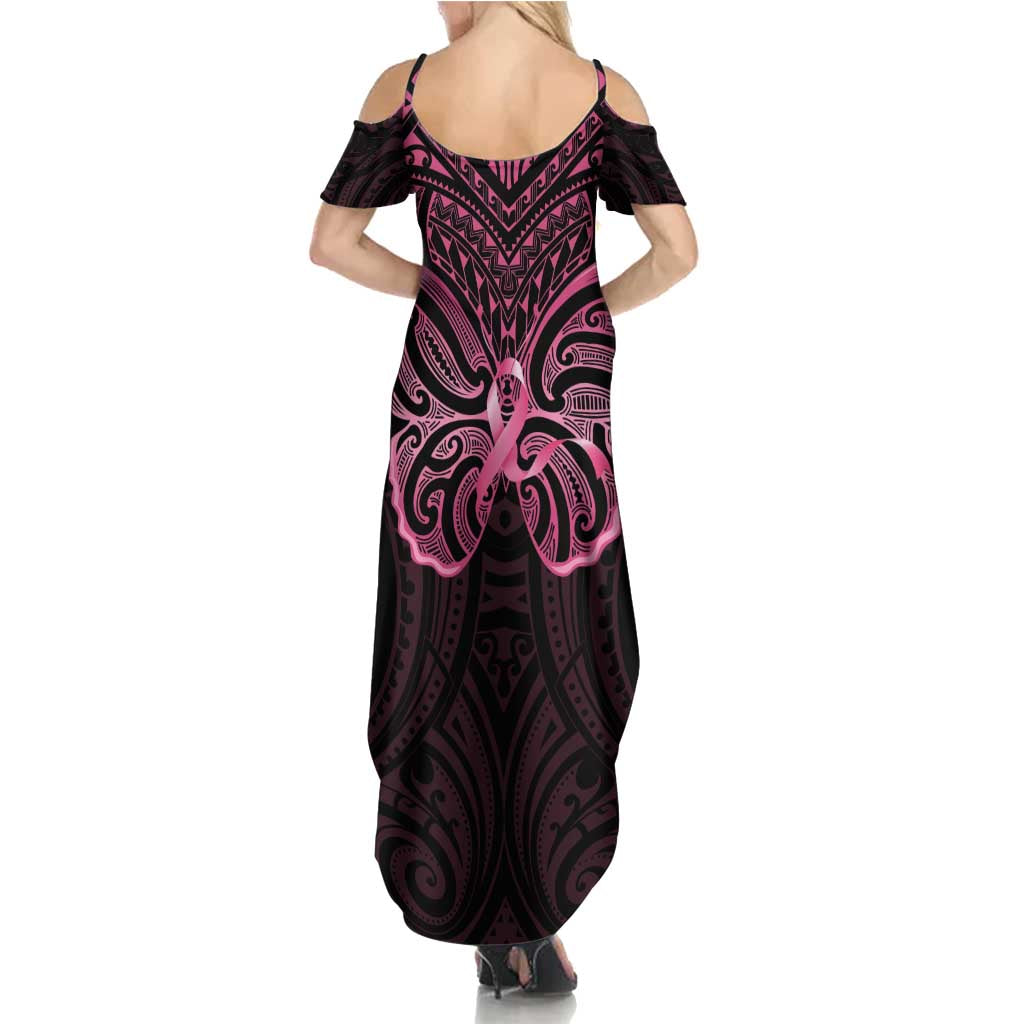 New Zealand Breast Cancer Awareness Family Matching Summer Maxi Dress and Hawaiian Shirt Maori Butterfly Pink Ribbon Black Version - Aussie Hoodie