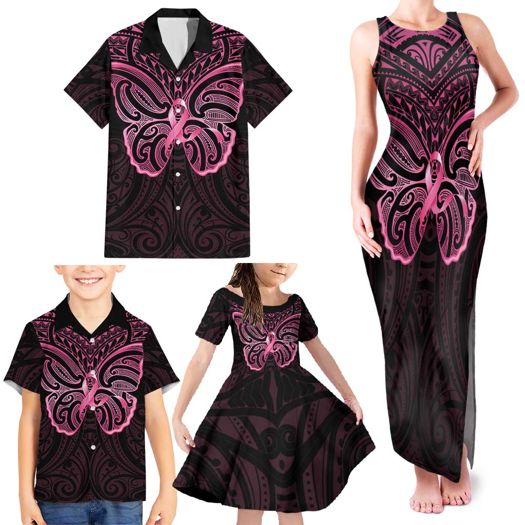 New Zealand Breast Cancer Awareness Family Matching Tank Maxi Dress and Hawaiian Shirt Maori Butterfly Pink Ribbon Black Version - Aussie Hoodie