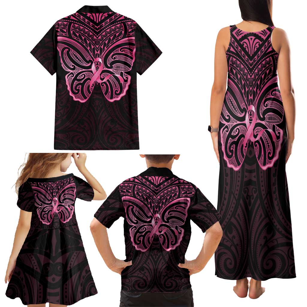 New Zealand Breast Cancer Awareness Family Matching Tank Maxi Dress and Hawaiian Shirt Maori Butterfly Pink Ribbon Black Version - Aussie Hoodie