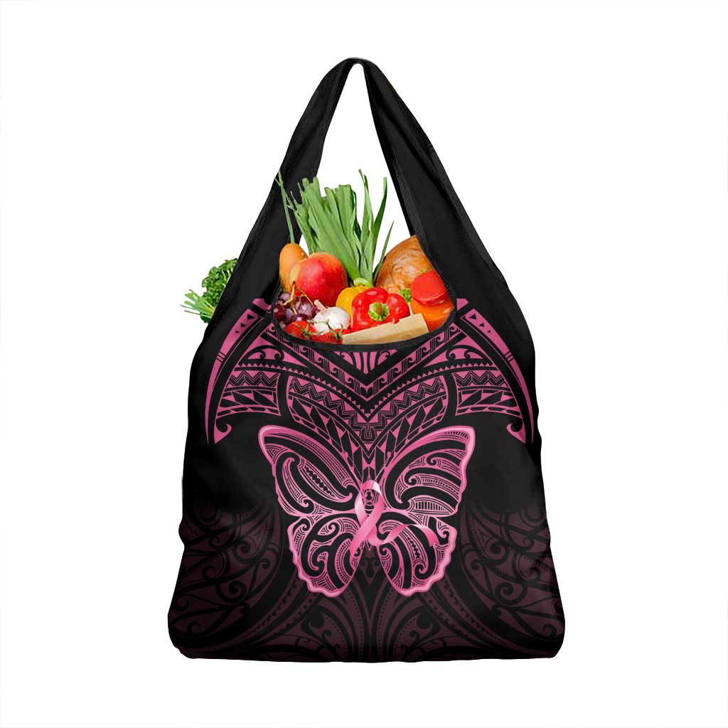 New Zealand Breast Cancer Awareness Grocery Bag Maori Butterfly Pink Ribbon Black Version - Aussie Hoodie