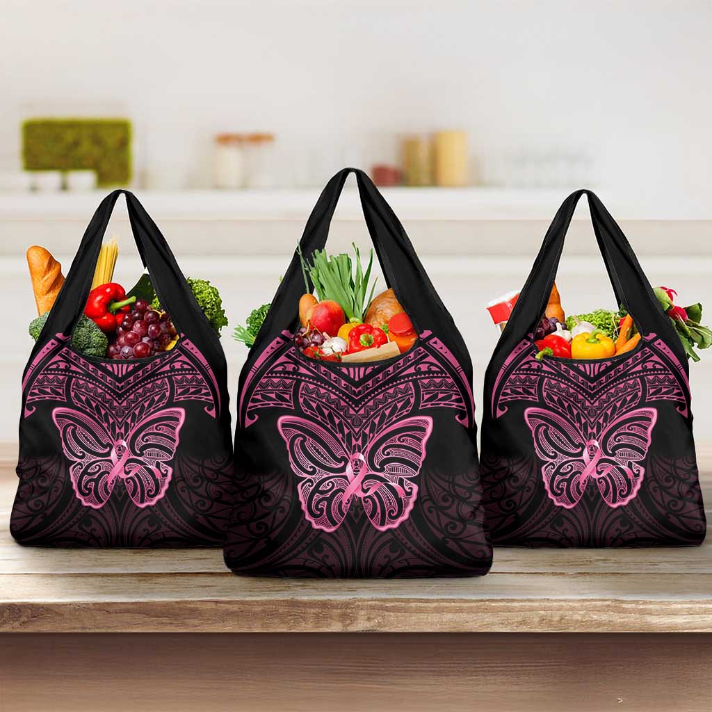 New Zealand Breast Cancer Awareness Grocery Bag Maori Butterfly Pink Ribbon Black Version - Aussie Hoodie