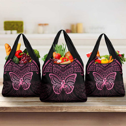 New Zealand Breast Cancer Awareness Grocery Bag Maori Butterfly Pink Ribbon Black Version - Aussie Hoodie