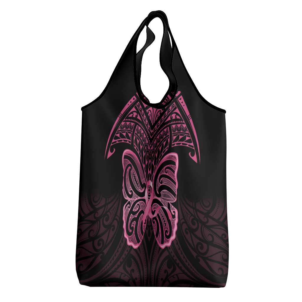 New Zealand Breast Cancer Awareness Grocery Bag Maori Butterfly Pink Ribbon Black Version - Aussie Hoodie