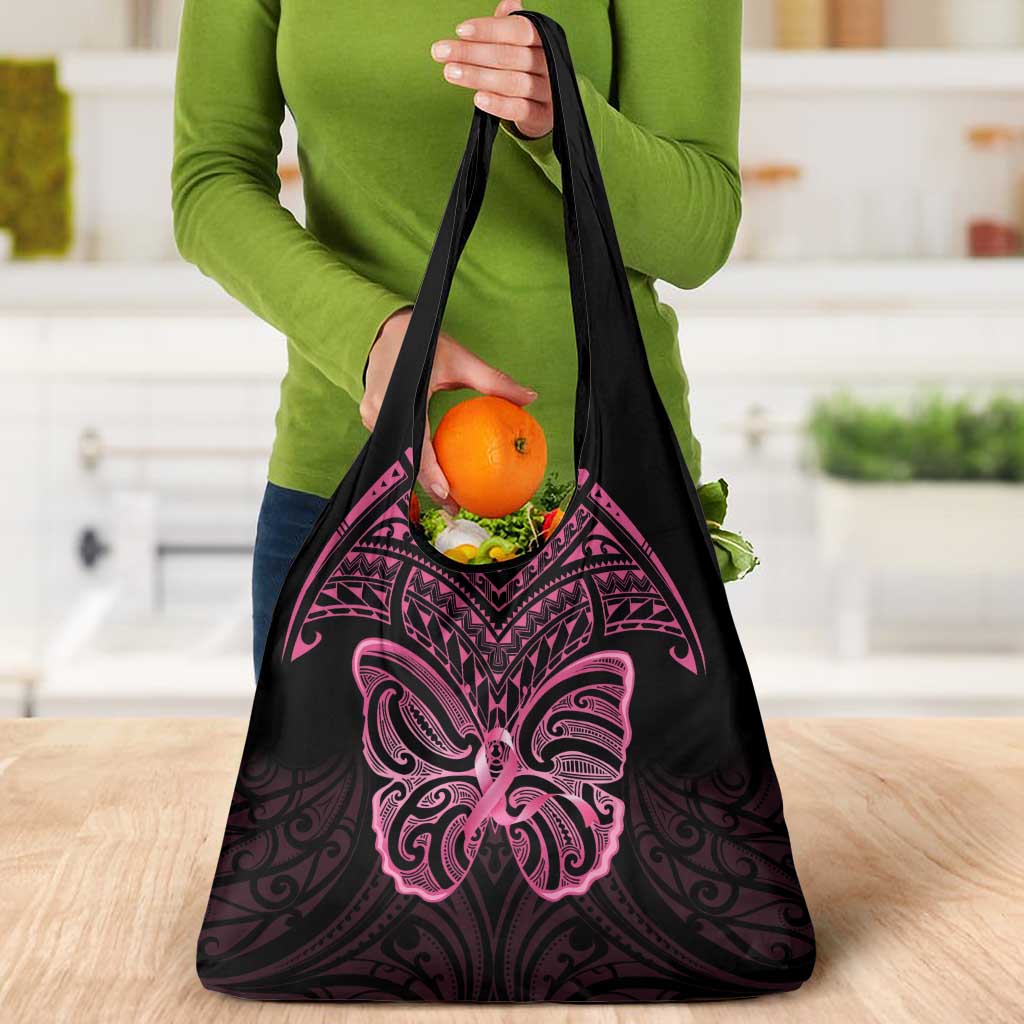 New Zealand Breast Cancer Awareness Grocery Bag Maori Butterfly Pink Ribbon Black Version - Aussie Hoodie
