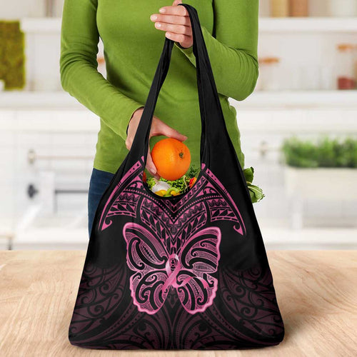 New Zealand Breast Cancer Awareness Grocery Bag Maori Butterfly Pink Ribbon Black Version - Aussie Hoodie
