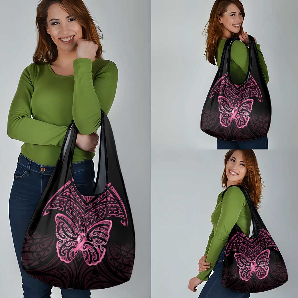 New Zealand Breast Cancer Awareness Grocery Bag Maori Butterfly Pink Ribbon Black Version - Aussie Hoodie