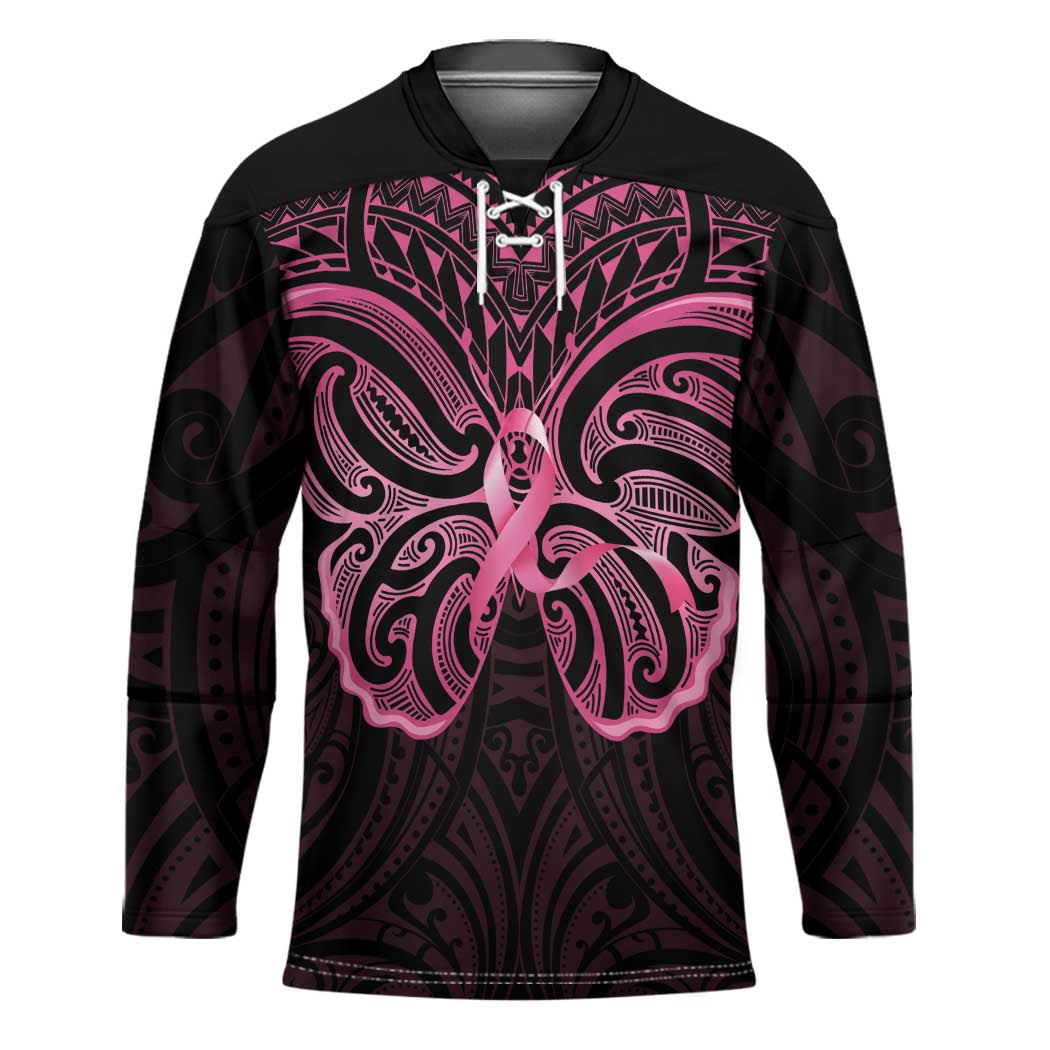 New Zealand Breast Cancer Awareness Hockey Jersey Maori Butterfly Pink Ribbon Black Version - Aussie Hoodie