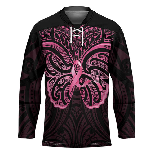 New Zealand Breast Cancer Awareness Hockey Jersey Maori Butterfly Pink Ribbon Black Version - Aussie Hoodie