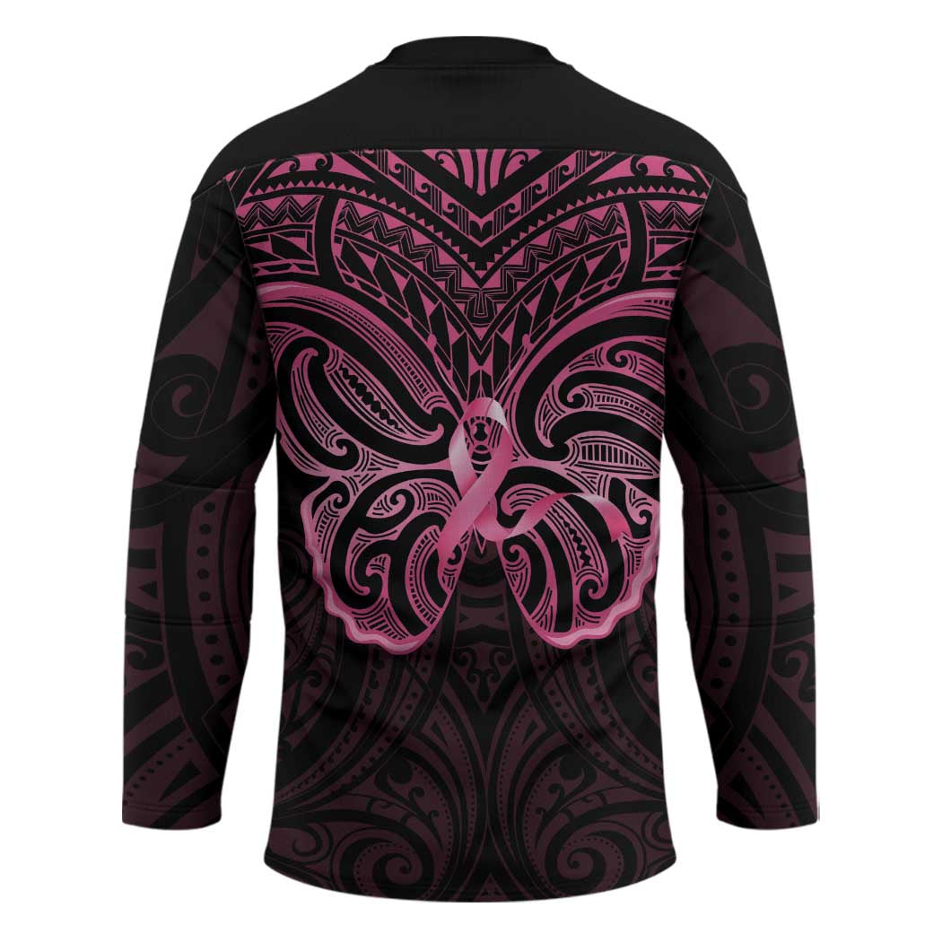 New Zealand Breast Cancer Awareness Hockey Jersey Maori Butterfly Pink Ribbon Black Version - Aussie Hoodie
