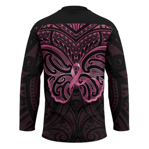 New Zealand Breast Cancer Awareness Hockey Jersey Maori Butterfly Pink Ribbon Black Version - Aussie Hoodie