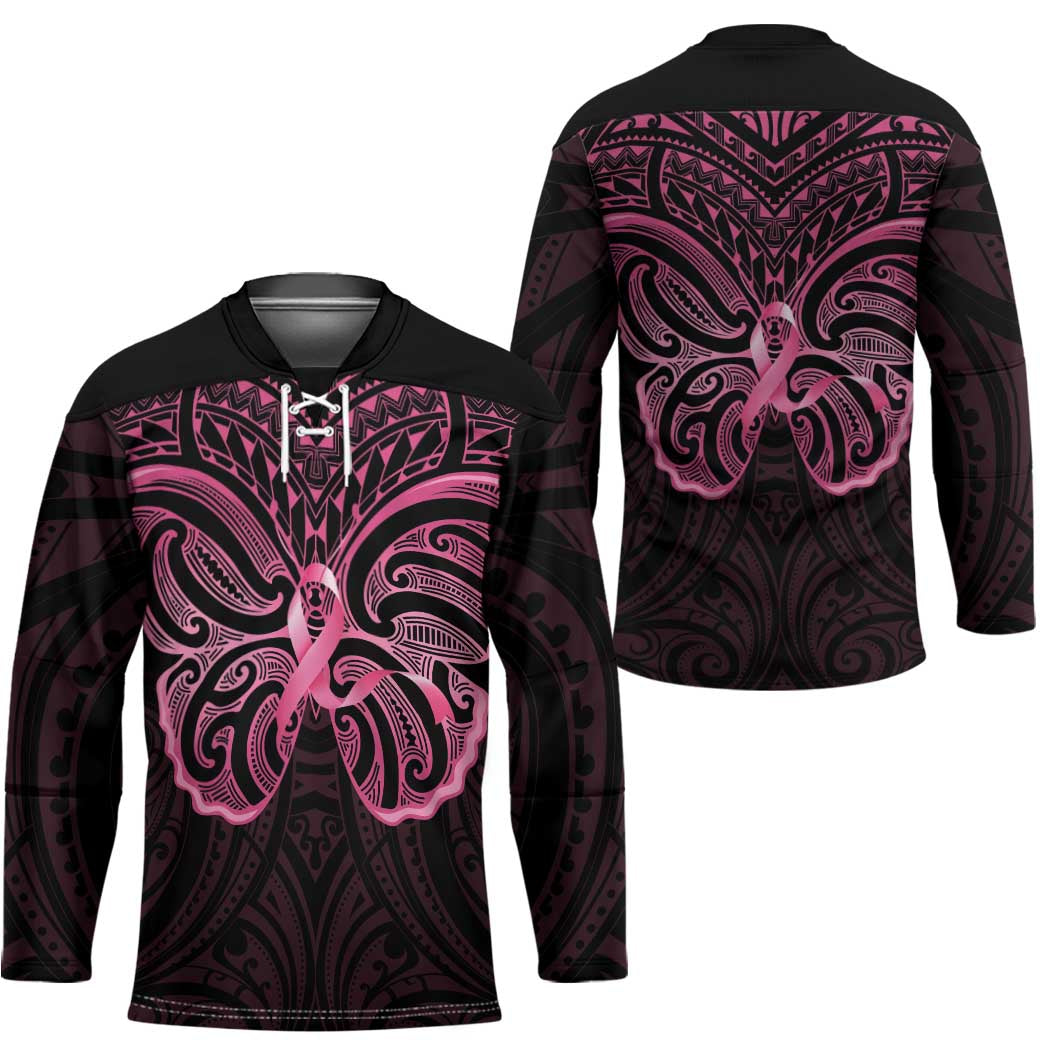 New Zealand Breast Cancer Awareness Hockey Jersey Maori Butterfly Pink Ribbon Black Version - Aussie Hoodie