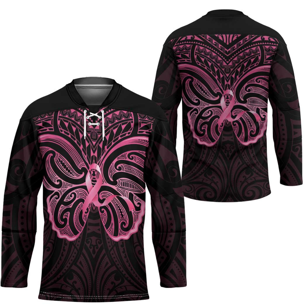 New Zealand Breast Cancer Awareness Hockey Jersey Maori Butterfly Pink Ribbon Black Version - Aussie Hoodie