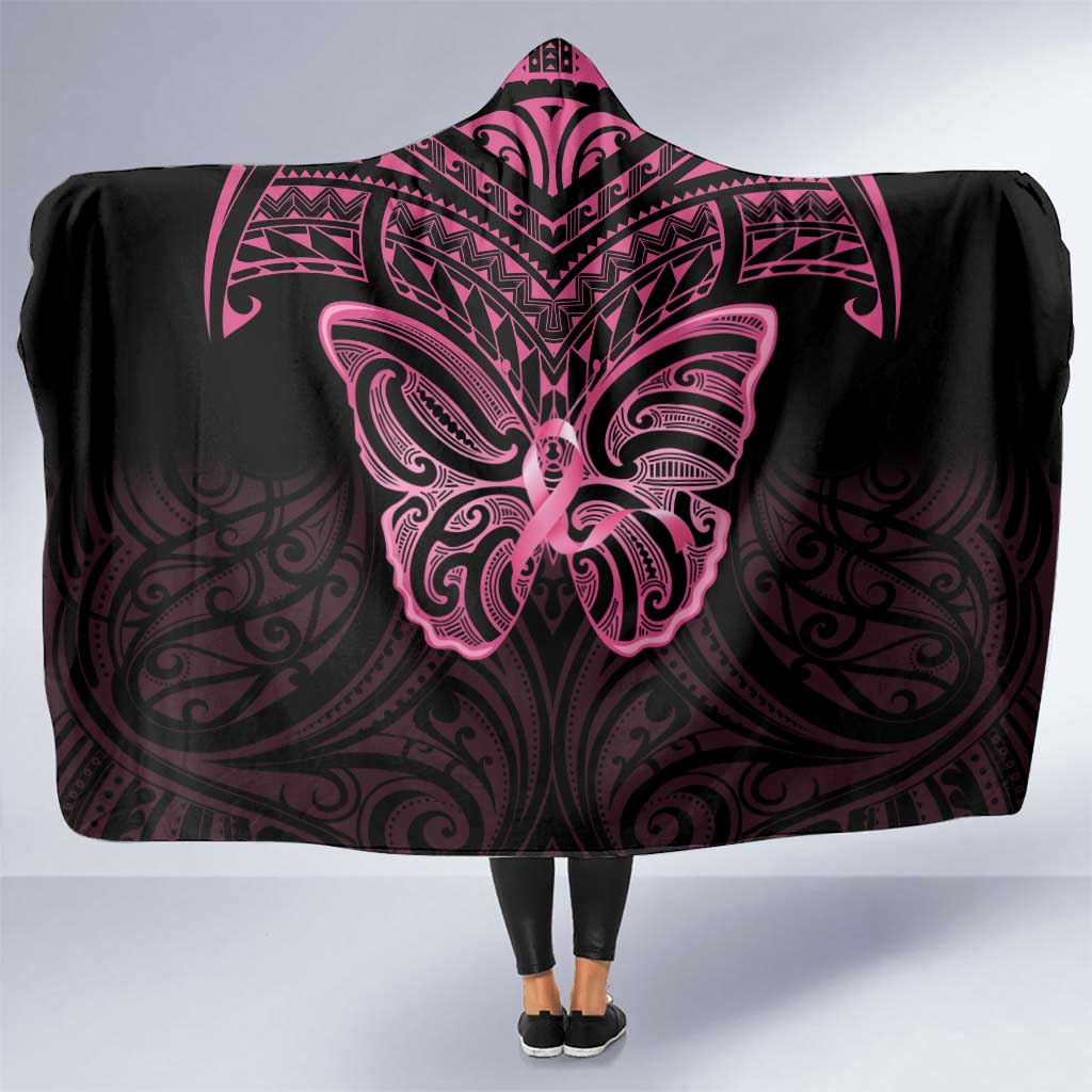 New Zealand Breast Cancer Awareness Hooded Blanket Maori Butterfly Pink Ribbon Black Version - Aussie Hoodie