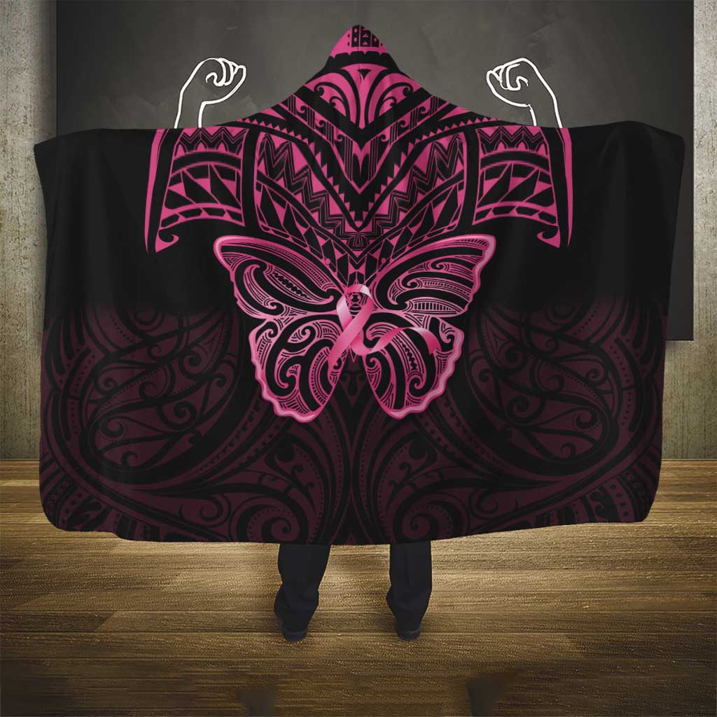 New Zealand Breast Cancer Awareness Hooded Blanket Maori Butterfly Pink Ribbon Black Version - Aussie Hoodie