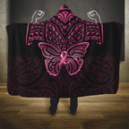 New Zealand Breast Cancer Awareness Hooded Blanket Maori Butterfly Pink Ribbon Black Version - Aussie Hoodie