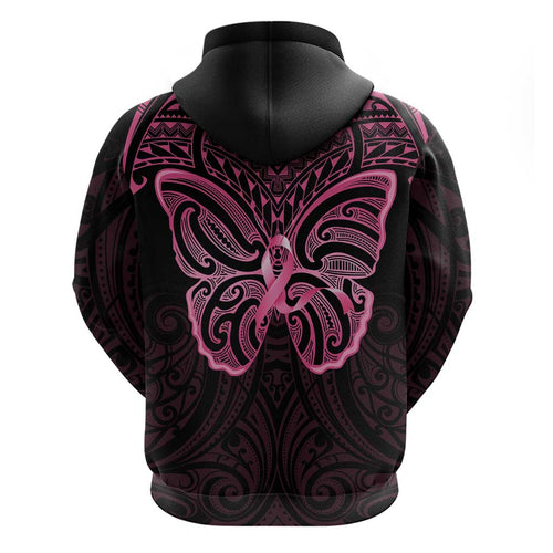 New Zealand Breast Cancer Awareness Hoodie Maori Butterfly Pink Ribbon Black Version - Aussie Hoodie