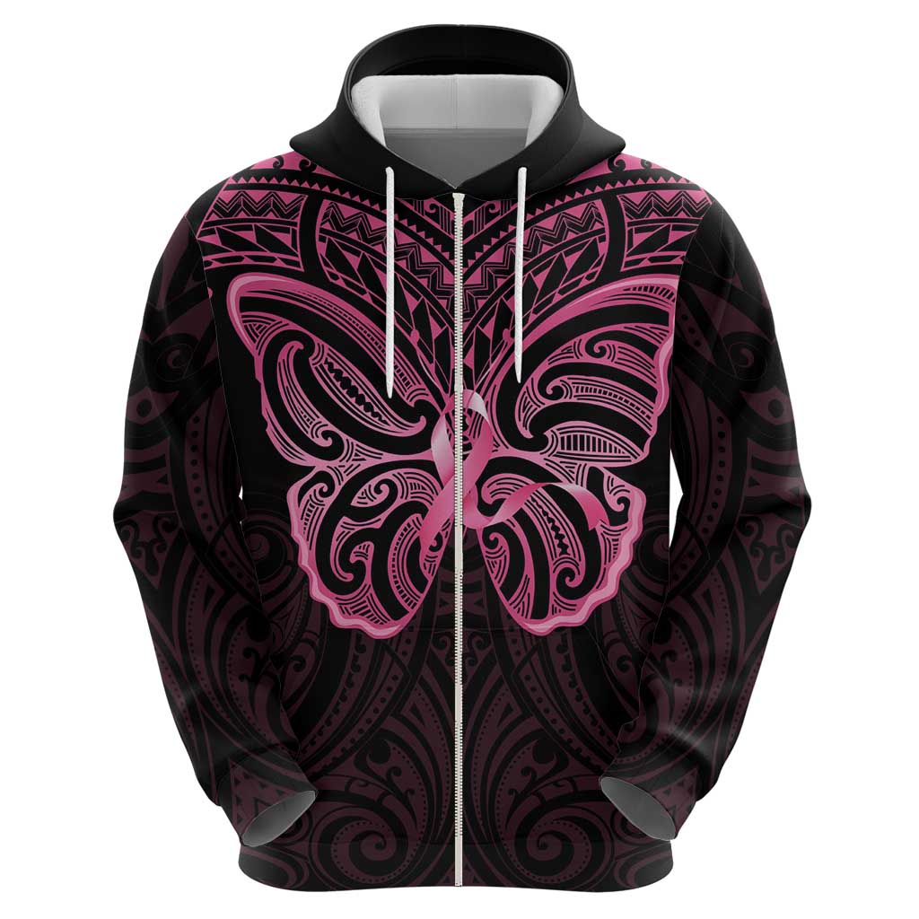 New Zealand Breast Cancer Awareness Hoodie Maori Butterfly Pink Ribbon Black Version - Aussie Hoodie