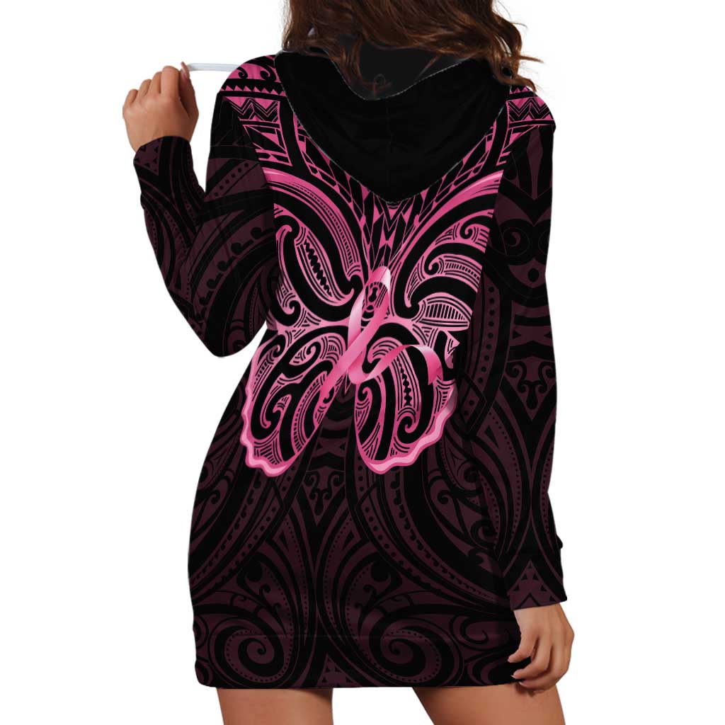 New Zealand Breast Cancer Awareness Hoodie Dress Maori Butterfly Pink Ribbon Black Version - Aussie Hoodie