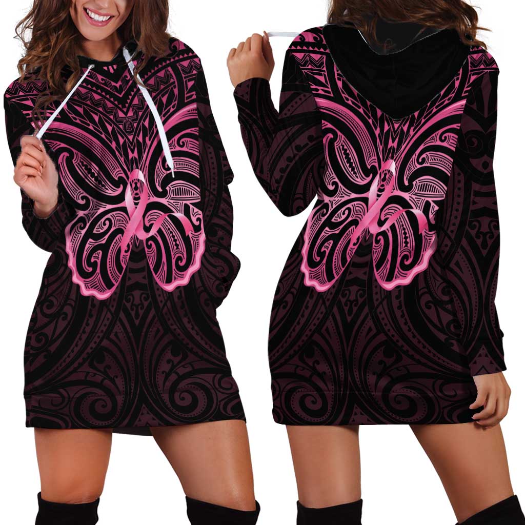 New Zealand Breast Cancer Awareness Hoodie Dress Maori Butterfly Pink Ribbon Black Version - Aussie Hoodie