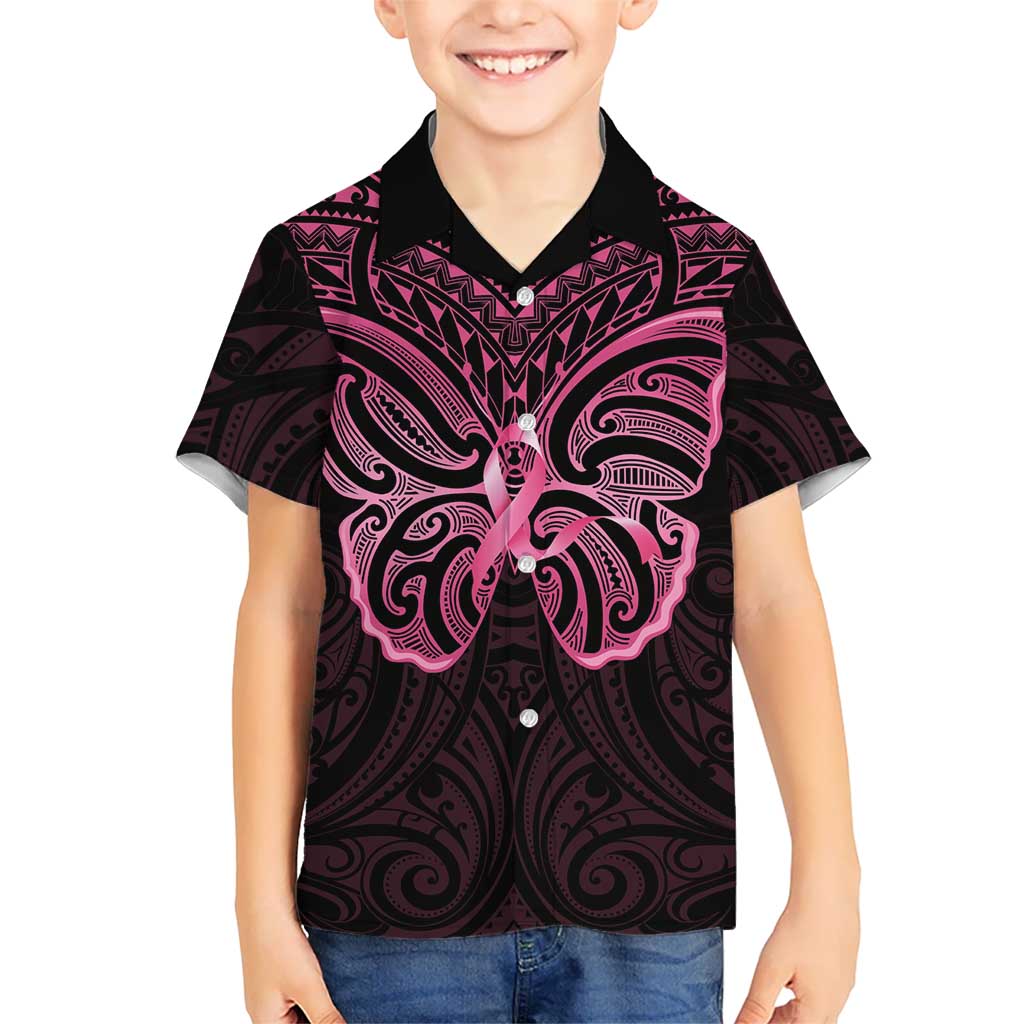 New Zealand Breast Cancer Awareness Kid Hawaiian Shirt Maori Butterfly Pink Ribbon Black Version - Aussie Hoodie