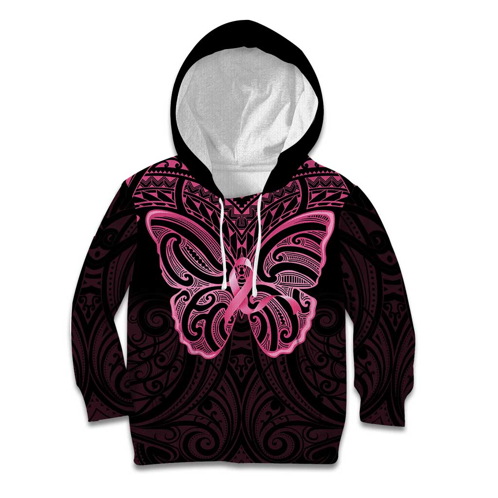 New Zealand Breast Cancer Awareness Kid Hoodie Maori Butterfly Pink Ribbon Black Version - Aussie Hoodie