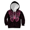 New Zealand Breast Cancer Awareness Kid Hoodie Maori Butterfly Pink Ribbon Black Version - Aussie Hoodie