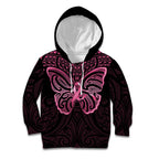 New Zealand Breast Cancer Awareness Kid Hoodie Maori Butterfly Pink Ribbon Black Version - Aussie Hoodie