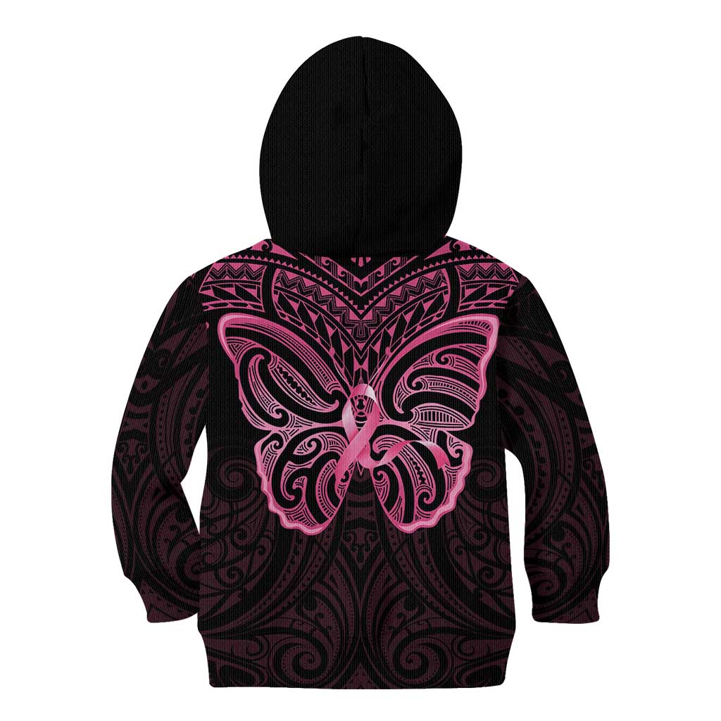 New Zealand Breast Cancer Awareness Kid Hoodie Maori Butterfly Pink Ribbon Black Version - Aussie Hoodie