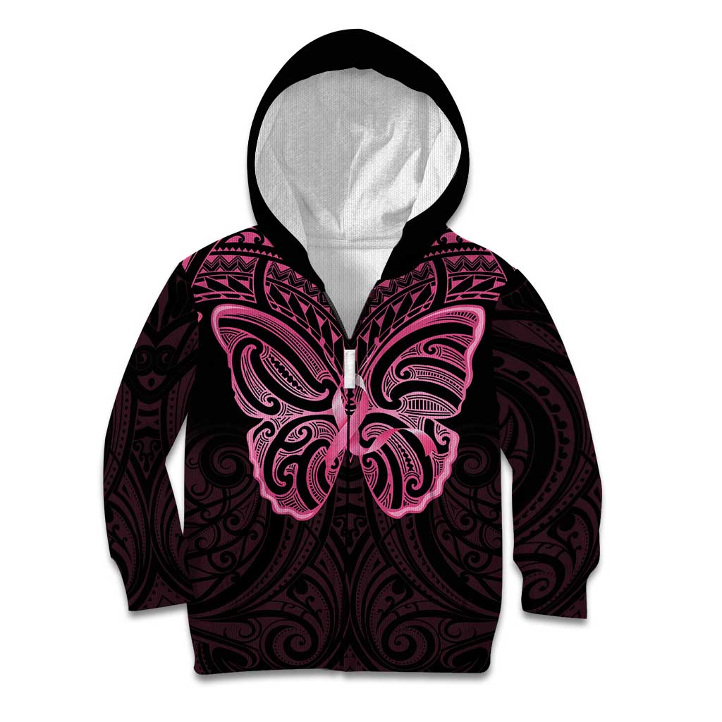 New Zealand Breast Cancer Awareness Kid Hoodie Maori Butterfly Pink Ribbon Black Version - Aussie Hoodie