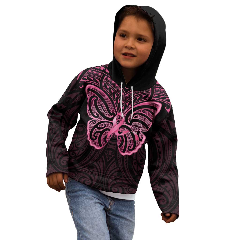 New Zealand Breast Cancer Awareness Kid Hoodie Maori Butterfly Pink Ribbon Black Version - Aussie Hoodie