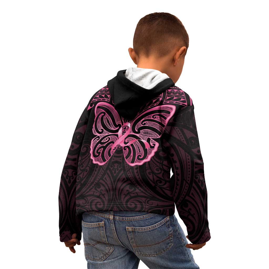 New Zealand Breast Cancer Awareness Kid Hoodie Maori Butterfly Pink Ribbon Black Version - Aussie Hoodie