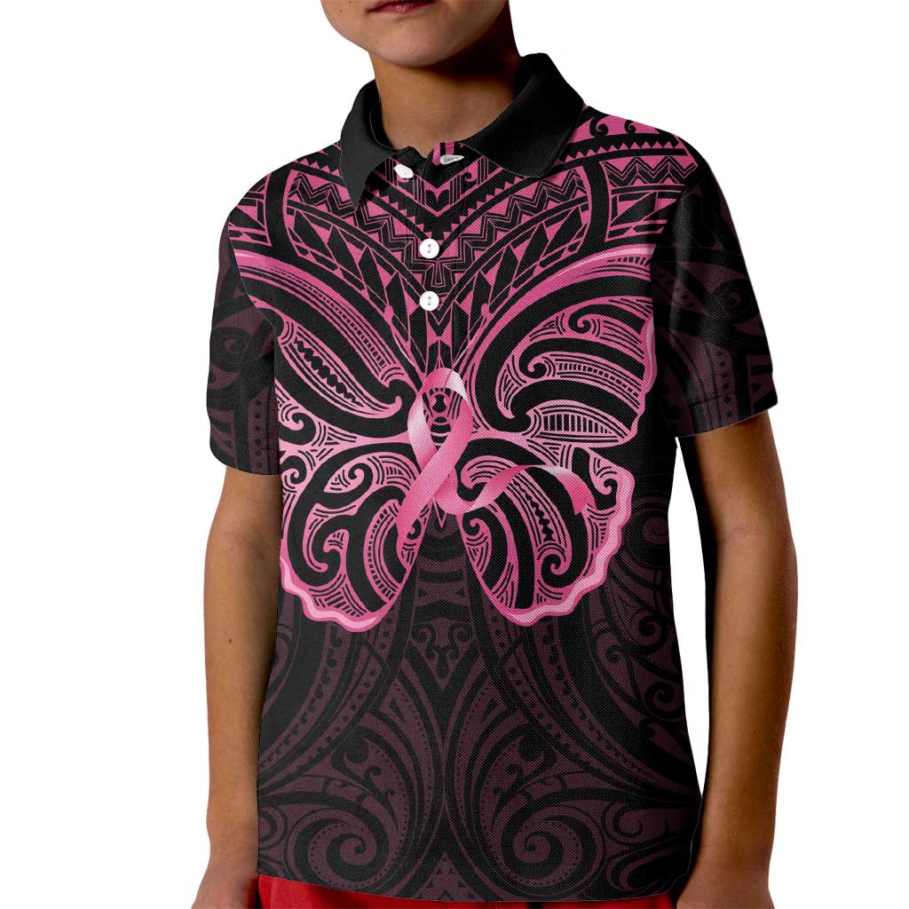 New Zealand Breast Cancer Awareness Kid Polo Shirt Maori Butterfly Pink Ribbon Black Version - Aussie Hoodie