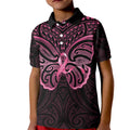 New Zealand Breast Cancer Awareness Kid Polo Shirt Maori Butterfly Pink Ribbon Black Version - Aussie Hoodie