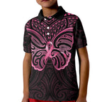 New Zealand Breast Cancer Awareness Kid Polo Shirt Maori Butterfly Pink Ribbon Black Version - Aussie Hoodie