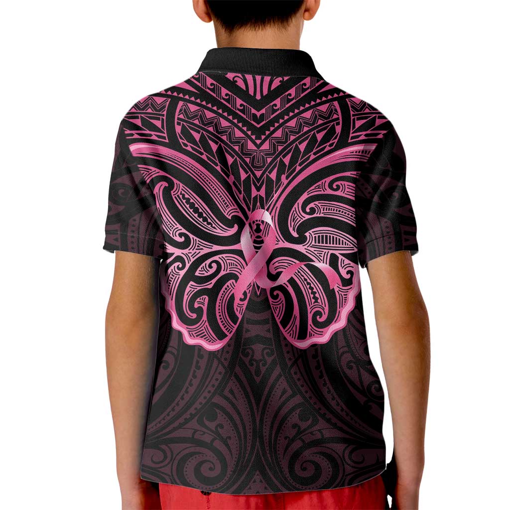 New Zealand Breast Cancer Awareness Kid Polo Shirt Maori Butterfly Pink Ribbon Black Version - Aussie Hoodie