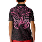 New Zealand Breast Cancer Awareness Kid Polo Shirt Maori Butterfly Pink Ribbon Black Version - Aussie Hoodie