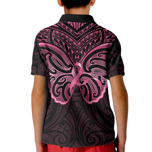 New Zealand Breast Cancer Awareness Kid Polo Shirt Maori Butterfly Pink Ribbon Black Version - Aussie Hoodie