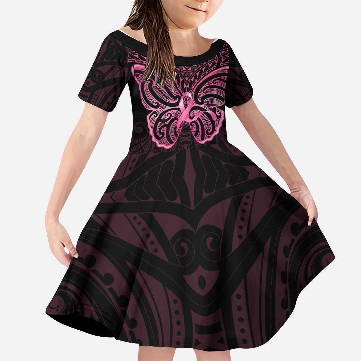 New Zealand Breast Cancer Awareness Kid Short Sleeve Dress Maori Butterfly Pink Ribbon Black Version - Aussie Hoodie