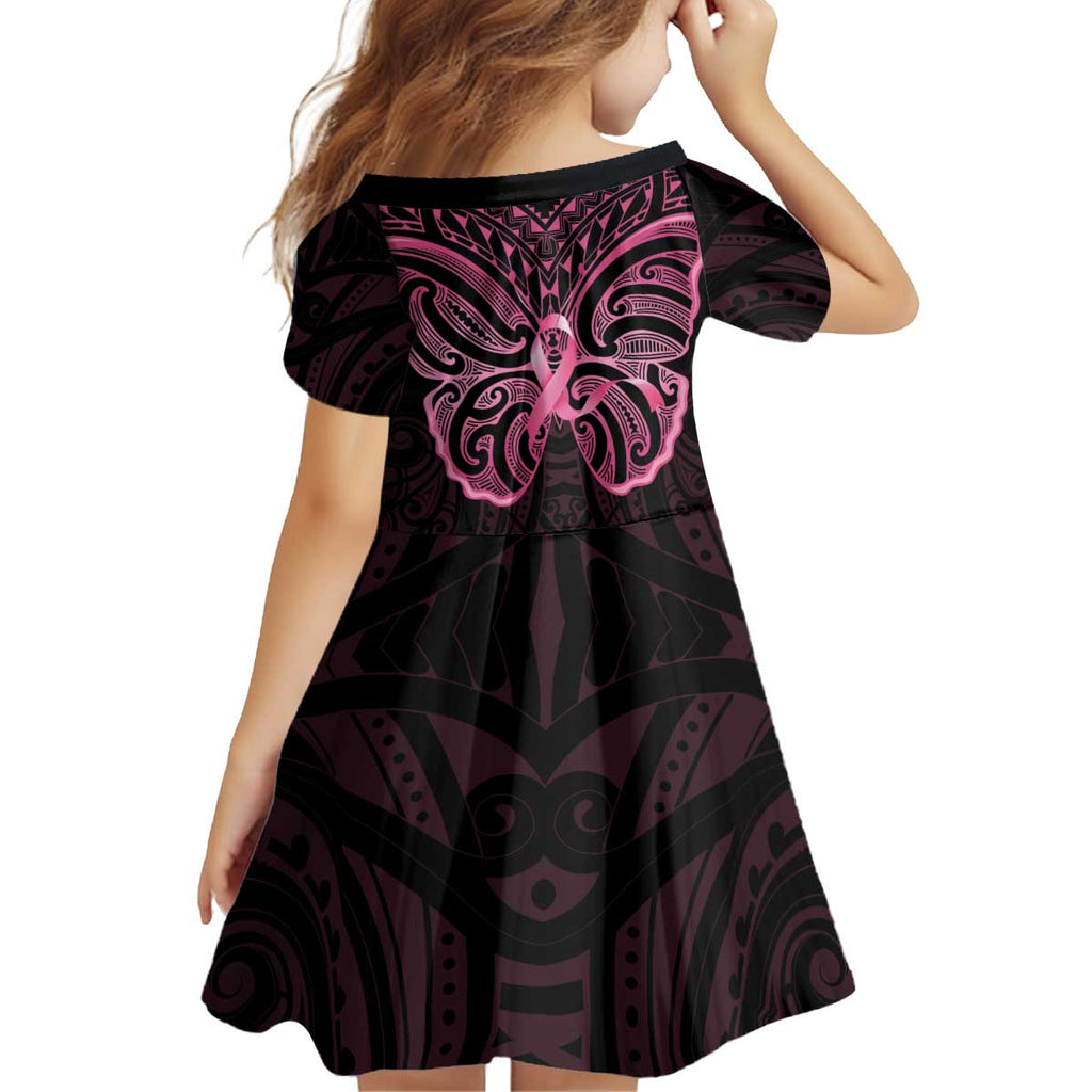 New Zealand Breast Cancer Awareness Kid Short Sleeve Dress Maori Butterfly Pink Ribbon Black Version - Aussie Hoodie