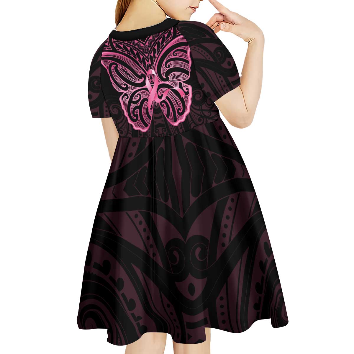New Zealand Breast Cancer Awareness Kid Short Sleeve Dress Maori Butterfly Pink Ribbon Black Version - Aussie Hoodie