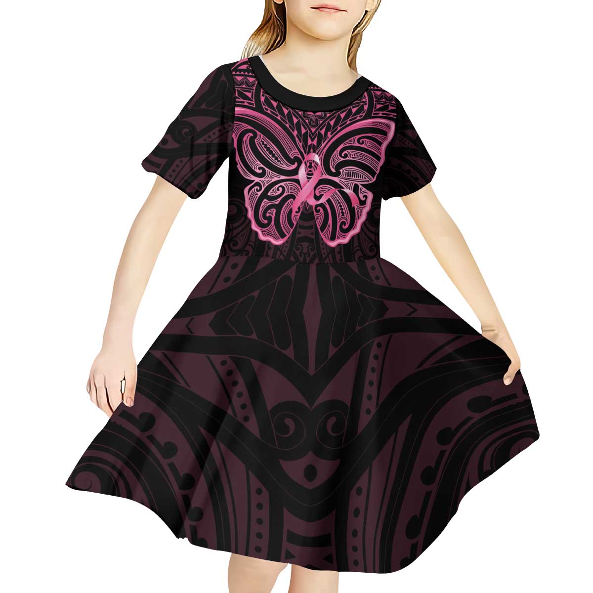 New Zealand Breast Cancer Awareness Kid Short Sleeve Dress Maori Butterfly Pink Ribbon Black Version - Aussie Hoodie